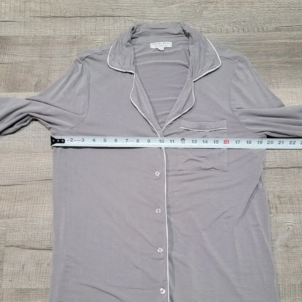Barefoot Dreams Luxe Milk Jersey Piped Pajama PJ Button Up Shirt XS Gray Top - Picture 7 of 7